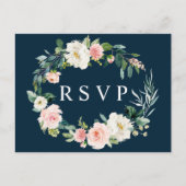 ネイビーブルッシュフラワーリース結婚式出欠ハガキ インビテーションポストカード (正面)