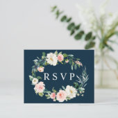 ネイビーブルッシュフラワーリース結婚式出欠ハガキ インビテーションポストカード (スタンド正面)
