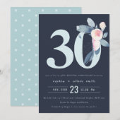 ネイビーブルッシュブルー花柄30周年記念イヤーアニバーサリー 招待状 (正面/裏面)