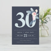 ネイビーブルッシュブルー花柄 30周年記念イヤーアニバーサリー 招待状 (スタンド正面)