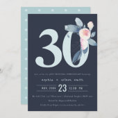 ネイビーブルッシュブルー花柄 30周年記念イヤーアニバーサリー 招待状 (正面/裏面)