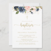 ネイビーブルッシュ フラワー ゴールド 洗礼 招待状 (正面)