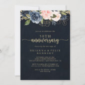 ネイビーブルッシュ フローラル ゴールド 50周年 結婚記念日 招待状 (正面)