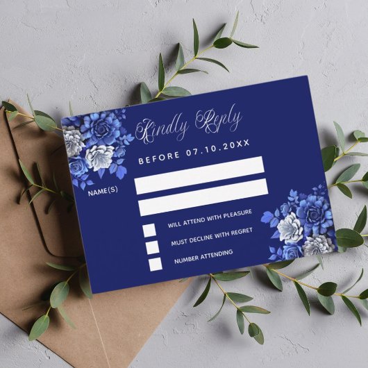 ネイビーブルフラワー結婚ズ対応RSVP ノートカード