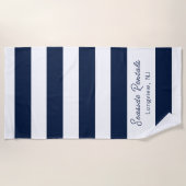 ネイビーブルホワイトストライプ名スクリプト ビーチタオル (正面)