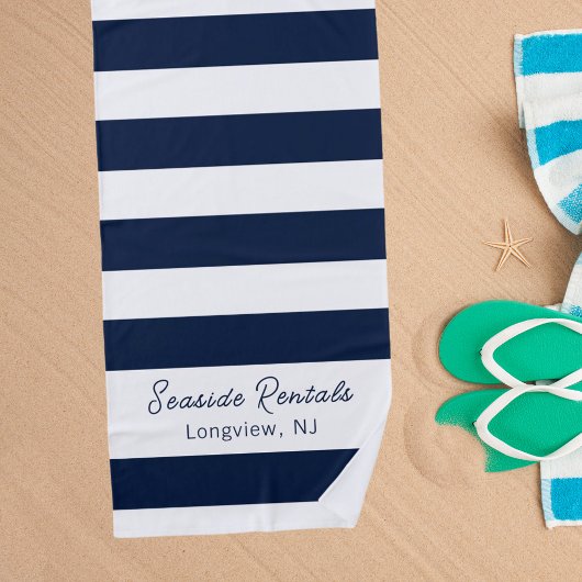 ネイビーブルホワイトストライプ名スクリプト ビーチタオル