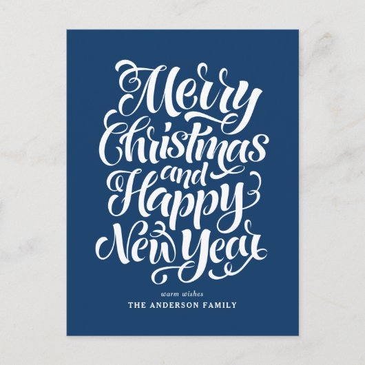 ネイビーブルメリークリスマスと新年おめでとう シーズンポストカード (正面)