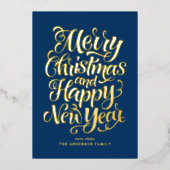 ネイビーブルメリークリスマスと新年おめでとう 箔シーズンカード (正面)