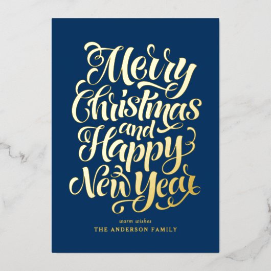 ネイビーブルメリークリスマスと新年おめでとう 箔シーズンカード (正面)