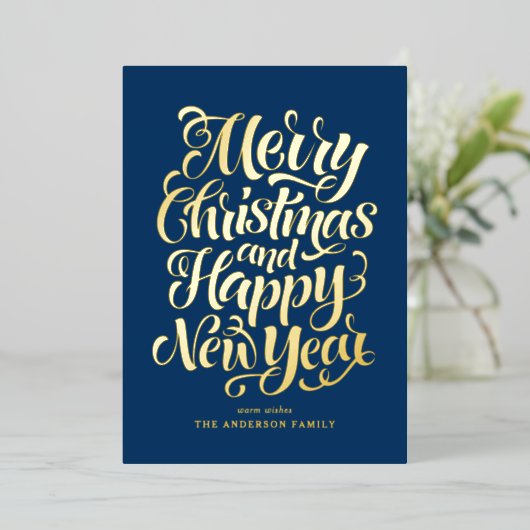 ネイビーブルメリークリスマスと新年おめでとう 箔シーズンカード