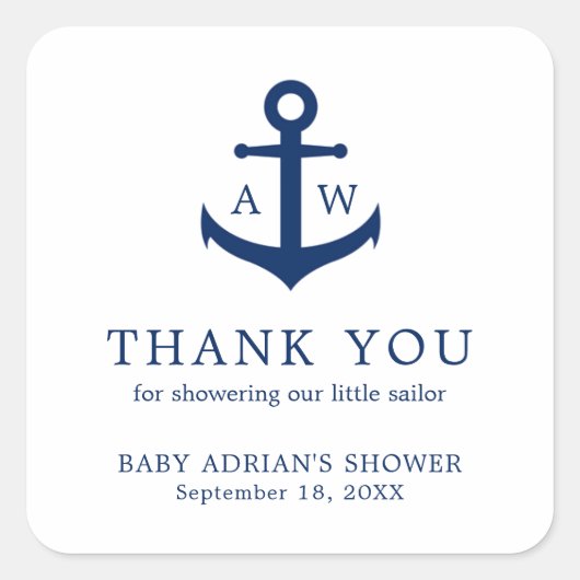 ネイビーブルーいかりかわいい男の子航海の赤ちゃんシャワー スクエアシール (正面)