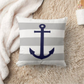 ネイビーブルーいかりオングレーと白ストライプ色 クッション (ブランケット)