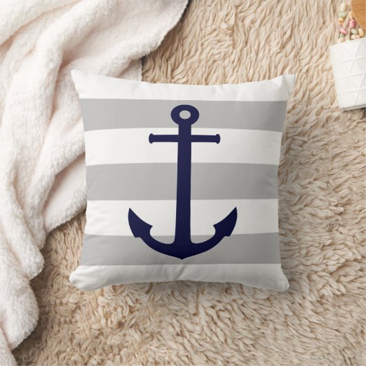ネイビーブルーいかりオングレーと白ストライプ色 クッション (ブランケット)