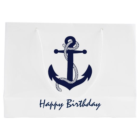 ネイビーブルーいかりオンホワイト航海の誕生日 ラージペーパーバッグ (裏面)