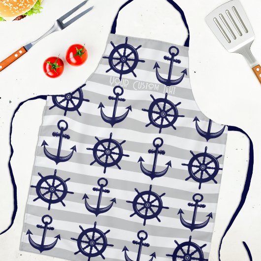 ネイビーブルーいかりボートホイストライプのール エプロン