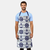ネイビーブルーいかりボートホイストライプのール エプロン (着用した状態)