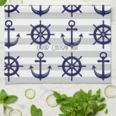 ネイビーブルーいかりボートホイストライプのール キッチンタオル (折り畳み)