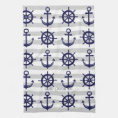 ネイビーブルーいかりボートホイストライプのール キッチンタオル (縦)