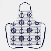 ネイビーブルーいかりボートホイールグレーストライプ航海の エプロン (正面)