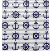 ネイビーブルーいかりボートホイールグレーストライプ航海の シャワーカーテン (正面)