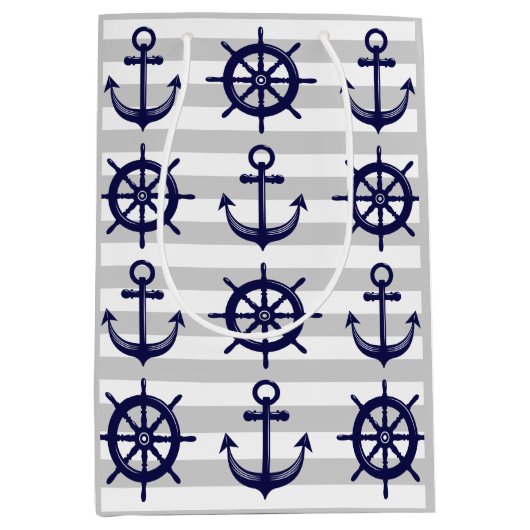 ネイビーブルーいかりボートホイールグレーストライプ航海の ミディアムペーパーバッグ (正面)