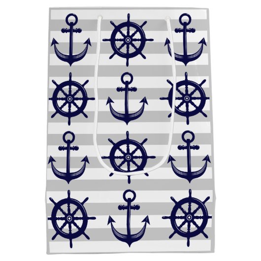 ネイビーブルーいかりボートホイールグレーストライプ航海の ミディアムペーパーバッグ (裏面)