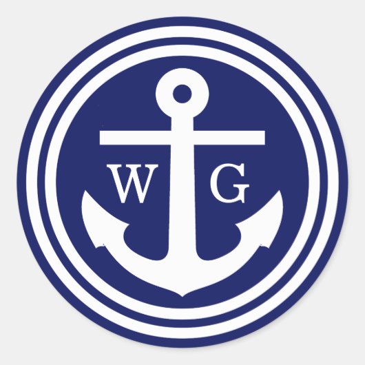 ネイビーブルーいかりモノグラム結婚ズシーズメッセージカード ラウンドシール (正面)