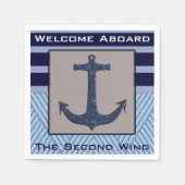 ネイビーブルーいかり付きボ航海のートストライプ スタンダードカクテルナプキン (正面)