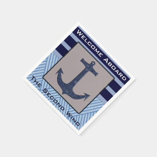 ネイビーブルーいかり付きボ航海のートストライプ スタンダードカクテルナプキン (角)