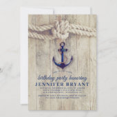 ネイビーブルーいかり素朴航海の誕生日 招待状 (正面)