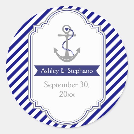ネイビーブルーいかり航海のウェディング日付を保存 ラウンドシール (正面)