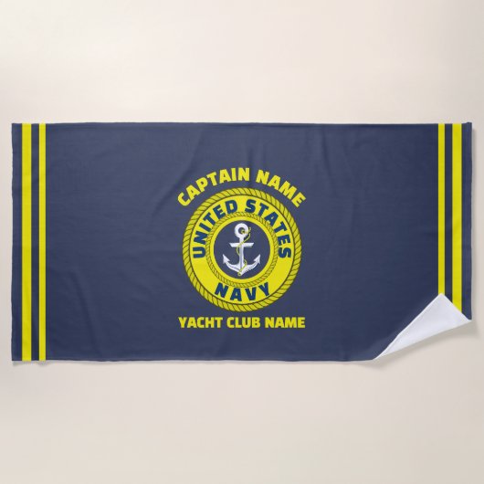 ネイビーブルーいかり航海のキャプテンセーリングサマー ビーチタオル (正面)