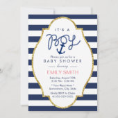 ネイビーブルーいかり航海のストライプズ男の子ベイビーシャワー 招待状 (正面)