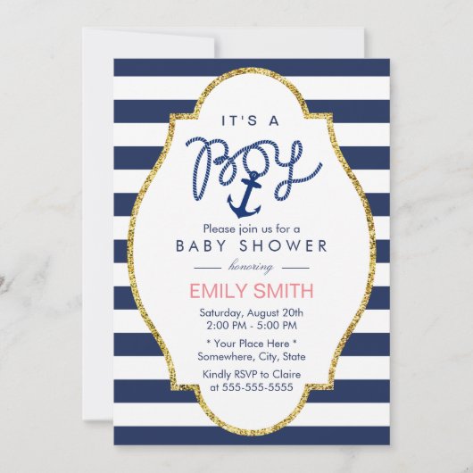 ネイビーブルーいかり航海のストライプズ男の子ベイビーシャワー 招待状 (正面)