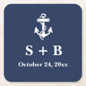 ネイビーブルーいかり航海のビーチ結婚海 スクエアペーパーコースター (正面)