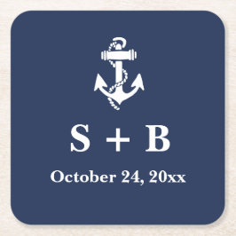 ネイビーブルーいかり航海のビーチ結婚海 スクエアペーパーコースター