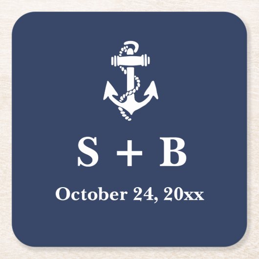 ネイビーブルーいかり航海のビーチ結婚海 スクエアペーパーコースター (正面)