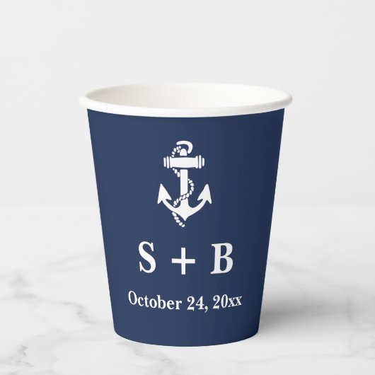ネイビーブルーいかり航海のビーチ結婚海 紙コップ (正面)