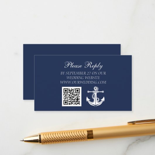 ネイビーブルーいかり航海のビーチQRコー結婚ド エンクロージャーカード (正面/裏面インサイチュ)