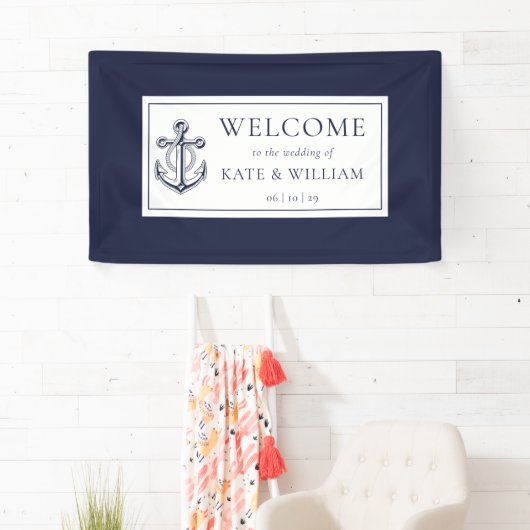ネイビーブルーいかり航海の結婚ズ歓迎 横断幕 (インサイチュ)
