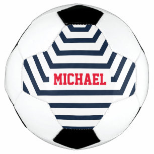 ネイビーブルーおもしろいストライプ名前をカスタムする サッカーボール