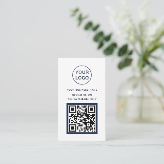 ネイビーブルーおよびホワイトビジネスレビューカード エンクロージャーカード (スタンド正面)