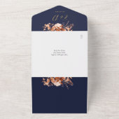 ネイビーブルーおよび金ゴールドフローラQRコード秋の結婚式 オールインワン招待状 (外側)