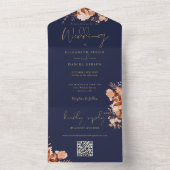 ネイビーブルーおよび金ゴールドフローラQRコード秋の結婚式 オールインワン招待状 (内側)