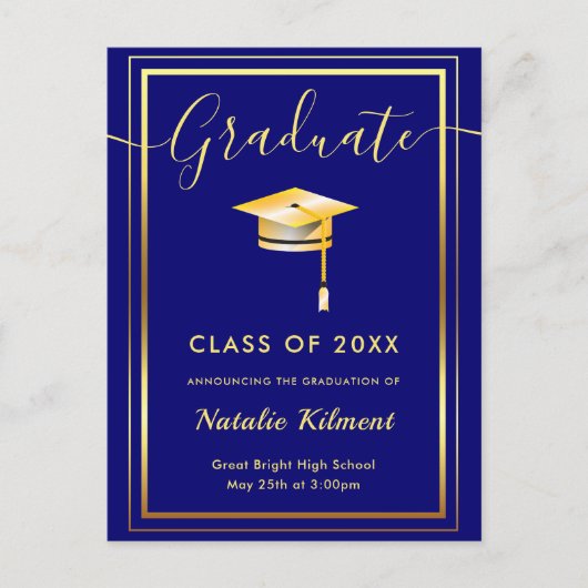 ネイビーブルーおよび金ゴールドモダン学士号 案内ポストカード (正面)