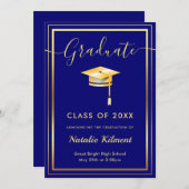 ネイビーブルーおよび金ゴールドモダン学士号 案内状 (正面/裏面)