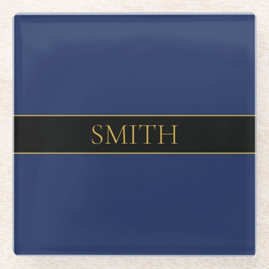 ネイビーブルーおよび金ゴールド名名氏またはビジネス ガラスコースター (正面)