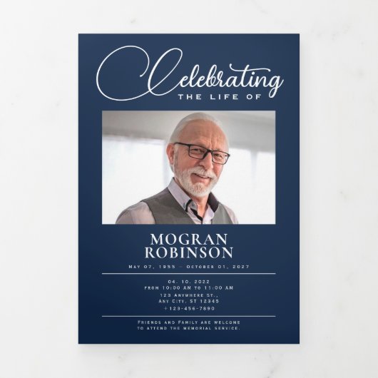 ネイビーブルーお祝いの写真葬式 三つ折りプログラム (カバー)