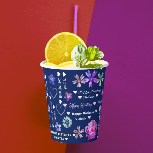 ネイビーブルーかわいいガーリーフローラ名ハッピーバースデー 紙コップ