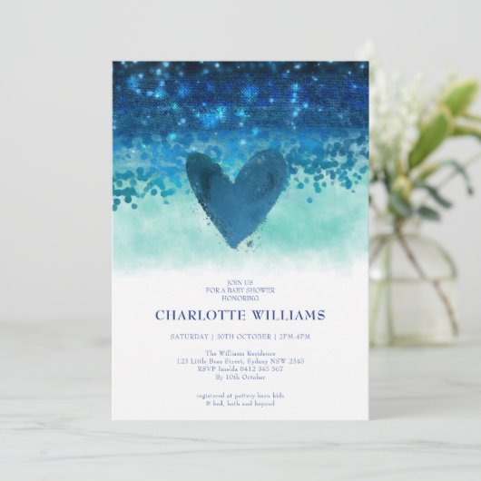 ネイビーブルーかわいいハート水色男の赤ちゃんシャワー 招待状 (スタンド正面)